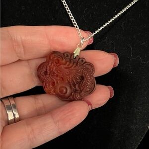 Vintage Brown Pendant Necklace, carved design